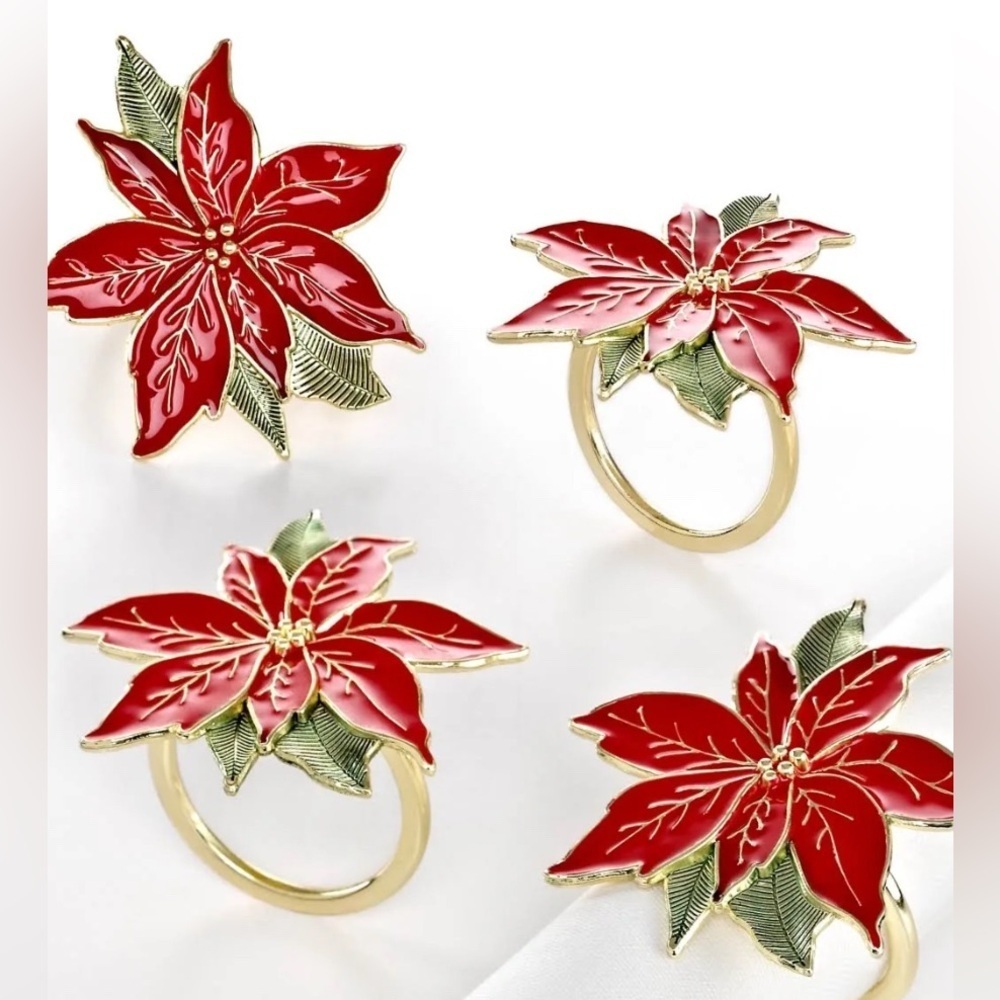 Lenox Festive Red and Gold Poinsettia Napkin Rings New in box